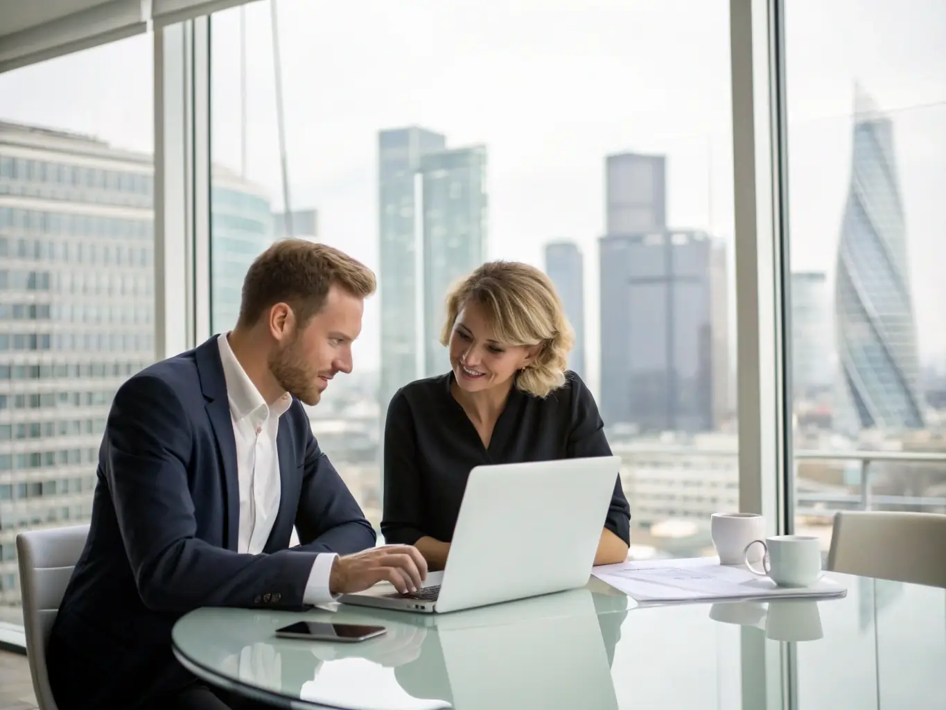 An image of a professional coach working with a UK business owner in a modern office setting, discussing strategies over a laptop.