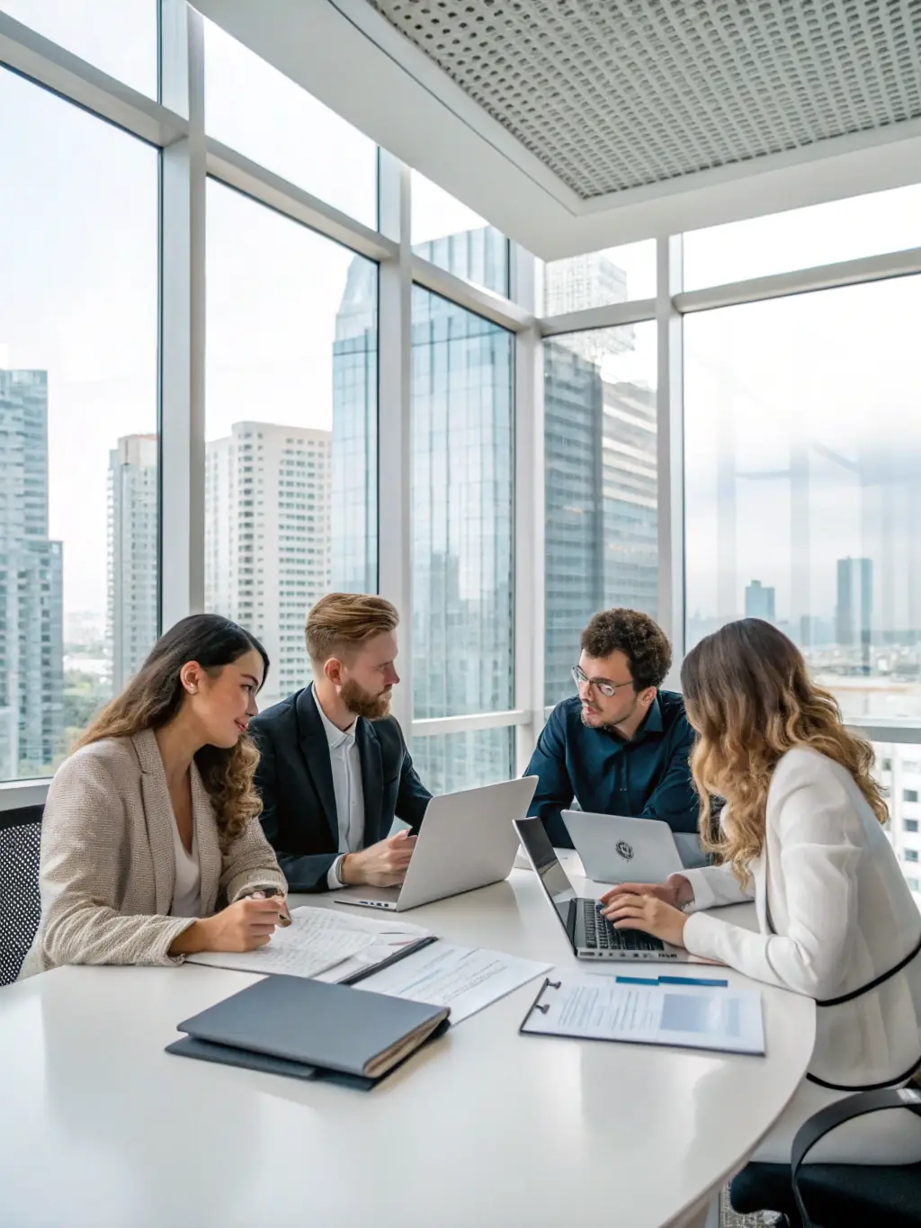 A diverse group of UK business professionals collaborating in a modern office, symbolizing VisionUKUno's collaborative approach to coaching.