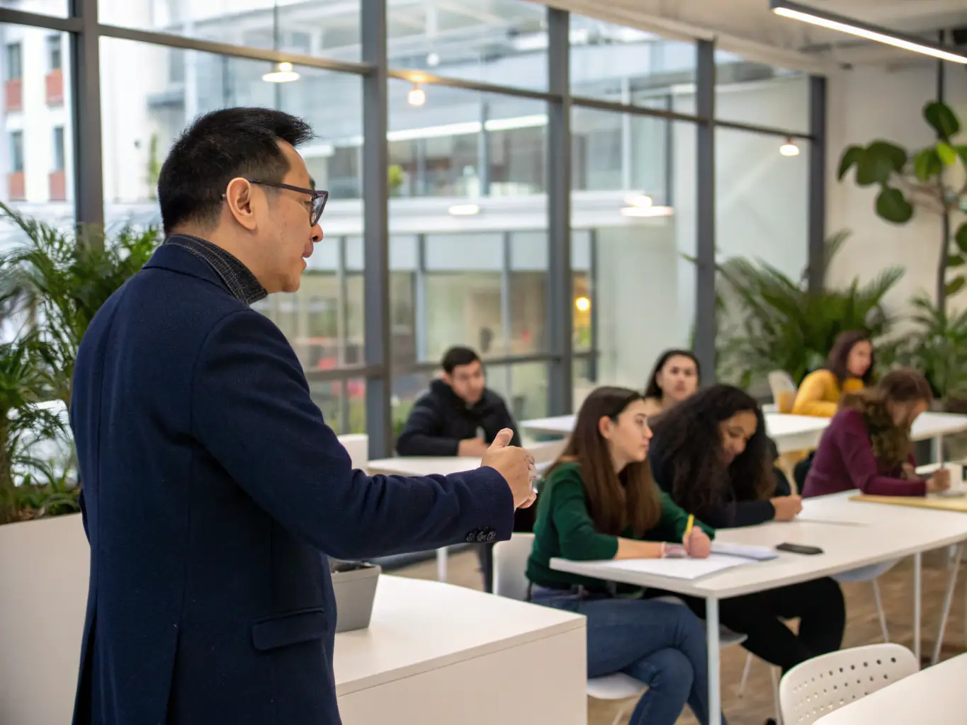 A photograph of a coach facilitating a strategic planning session with a diverse team of UK business professionals in a boardroom.