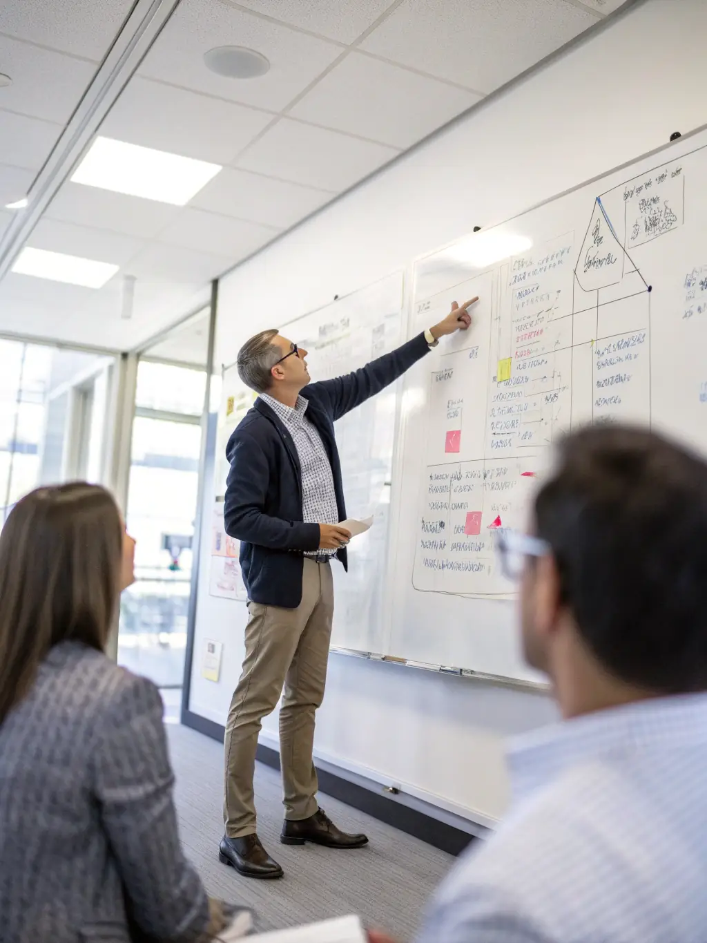 A professional coach in a suit, smiling confidently while pointing at a whiteboard filled with strategic planning notes during a coaching session with a UK-based business owner.